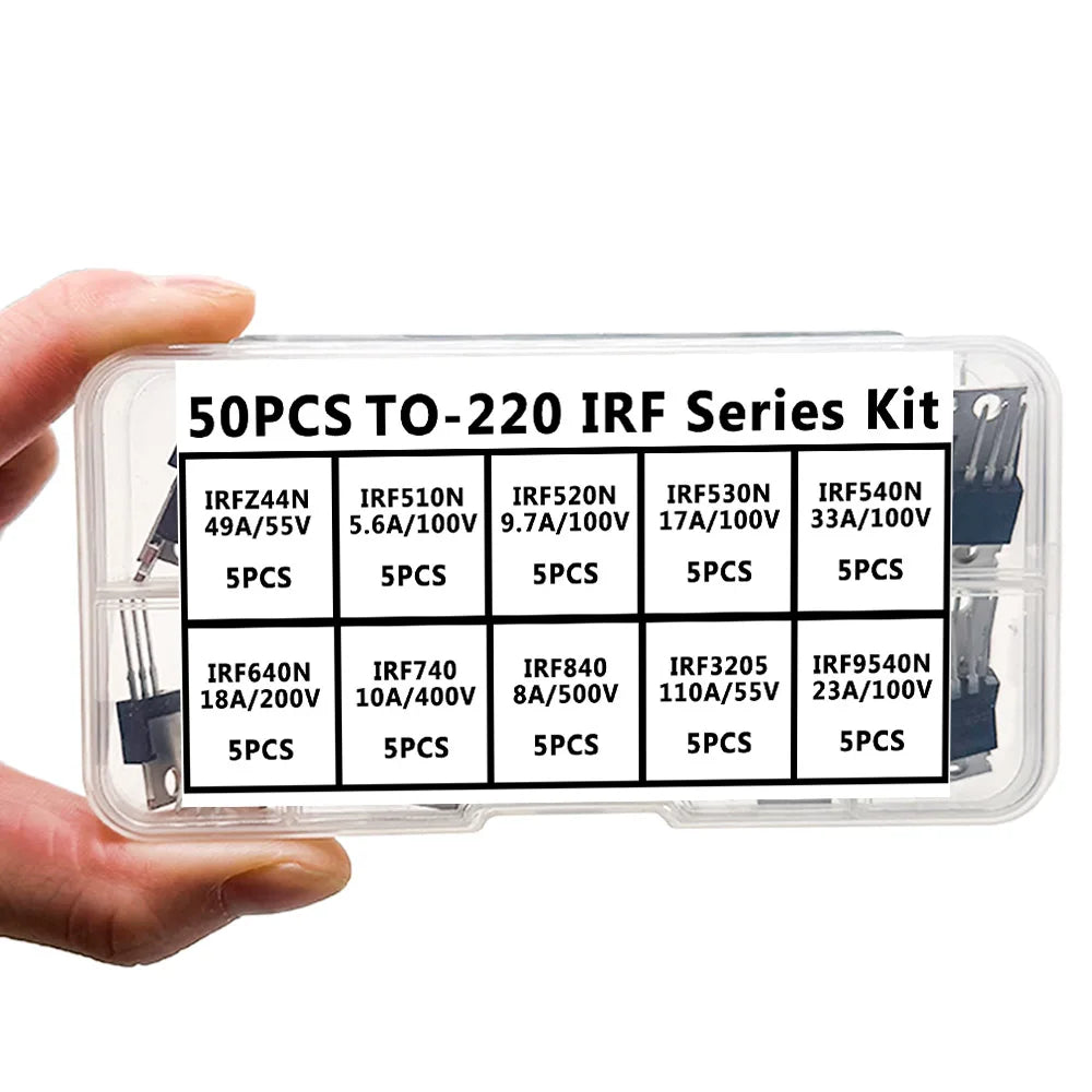 50PCS TO-220 IRF Series Kit IRFZ44N IRF510N IRF520N IRF530N IRF540N IRF640N IRF740 IRF840 IRF3205... MOSFET Power Transistor Kit