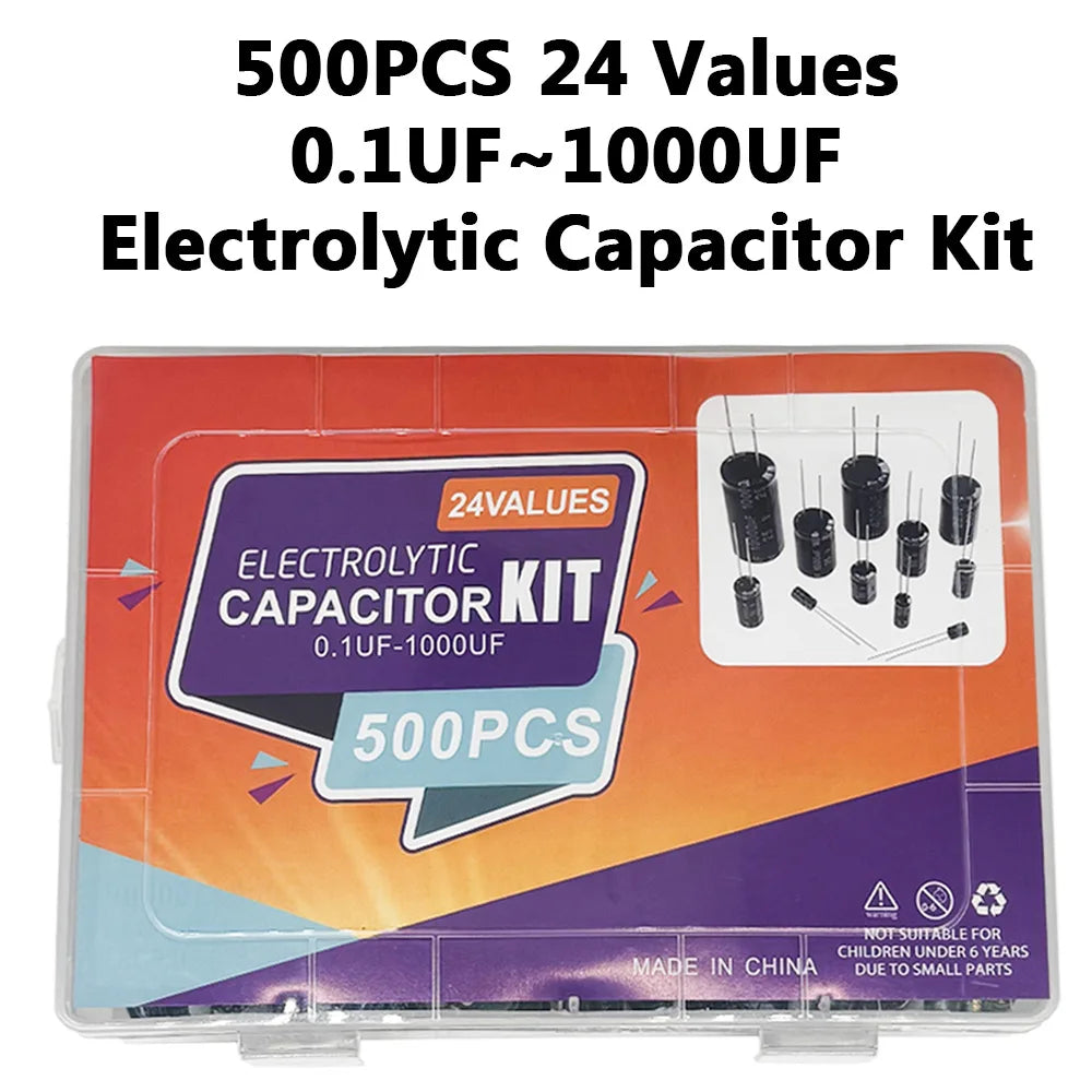 500PCS 0.1uF-1000uf 24Values Electrolytic Capacitor Mixed DIP Electronic Kit Electrolyte Capacitors 10V 16V 25V 50V