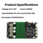 2X150W Bluetooth BT Amplifier Board Bass Enhancement EQ Adjustment Audio Amplifier Module with APP Tuning for DIY Car Audio