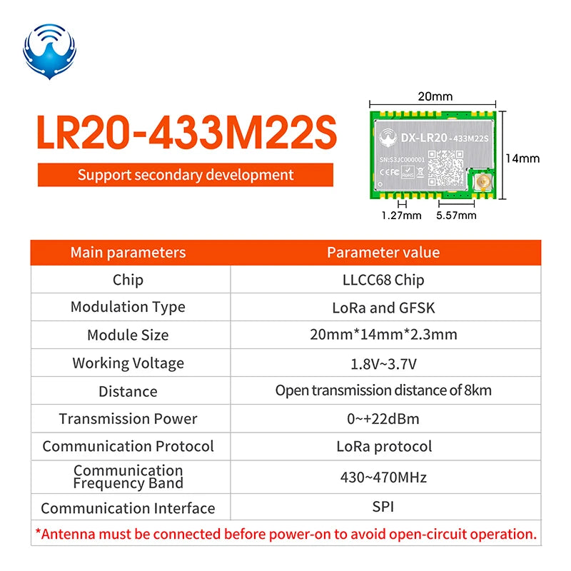 LLCC68 LoRa Wireless Module 868Mhz 915Mhz 433 475Mhz DX-LR20 22dBm 8KM Long Range SMD RF Module Power Supply