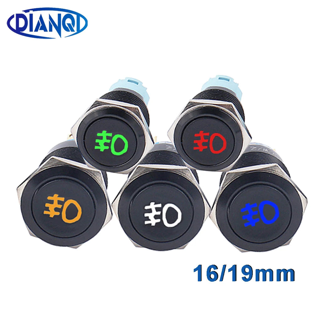 1pc 16/19mm Momentary Reset Fog Lamp Metal Push Button Switch with Connector Car Symbols LED Oxidized Black 12V Latching Fixed