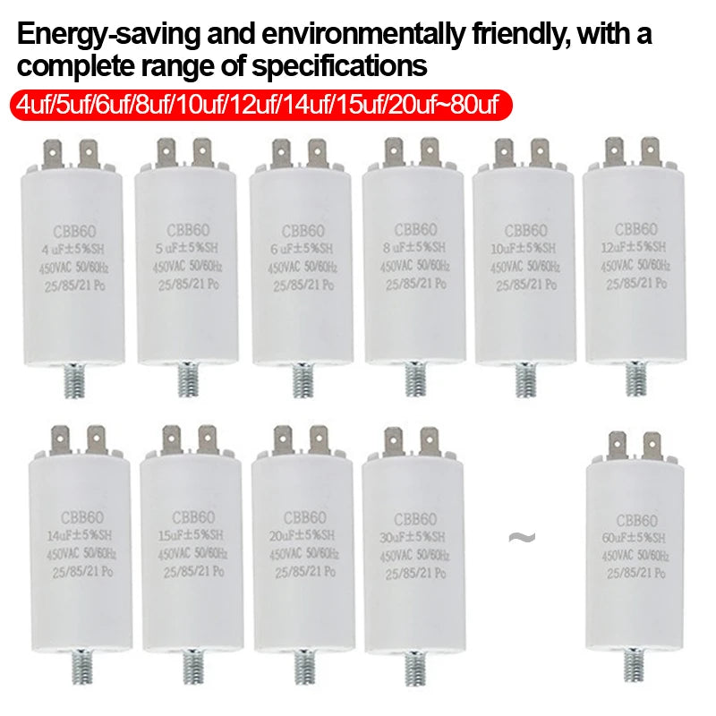 CBB60 Washing Machine Pump Starting Capacitor:4uf,5uf,6uf,8uf,10uf,12uf,14uf,15uf,20uf,25uf,30uf,35uf,40uf,45uf,50uf,60uf 450VAC