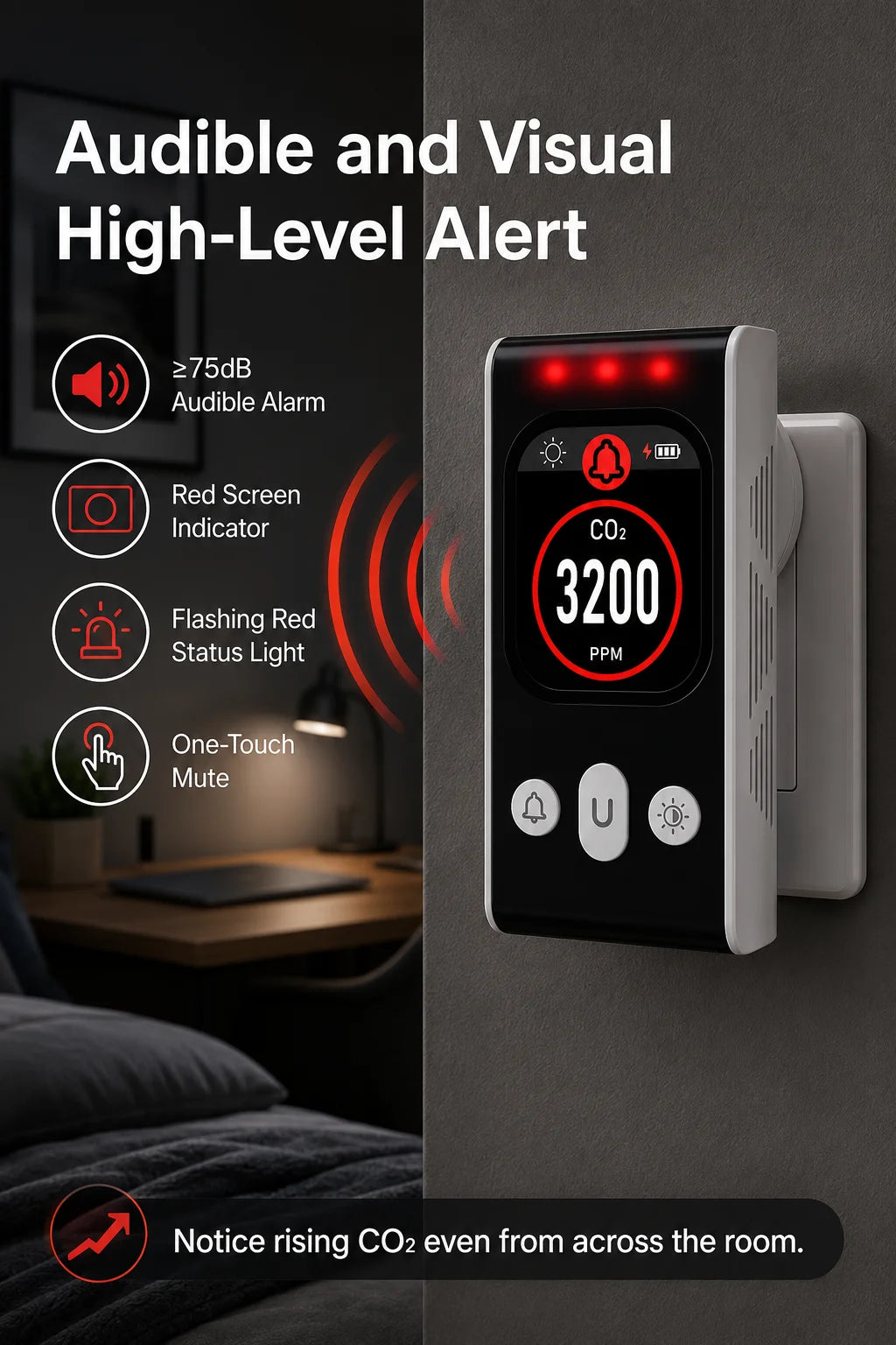 FABISENSE PTH-253N Plug-in CO2 Detector NDIR Air Quality Monitor 400-5000 PPM with Color Display and Adjustable Alarm