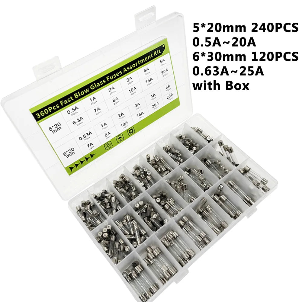 360Pcs Fast Blow Glass Fuses Assortment Kit 24 Values Auto Fuses Assortment Kit 250V 5x20mm & 6x30mm Glass Tube Fuses with Box