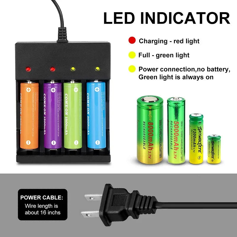 4-Pack Battery With 4 Bay Li-ion Lithium Charger Set，4 Bay Li-ion Lithium Battery Set  Flat Top 4000mAh Rechargeable 3.7V Li-ion 18650 Replacement Battery with Charger for Flashlights,Headlamps,and More Toy Remote Control D