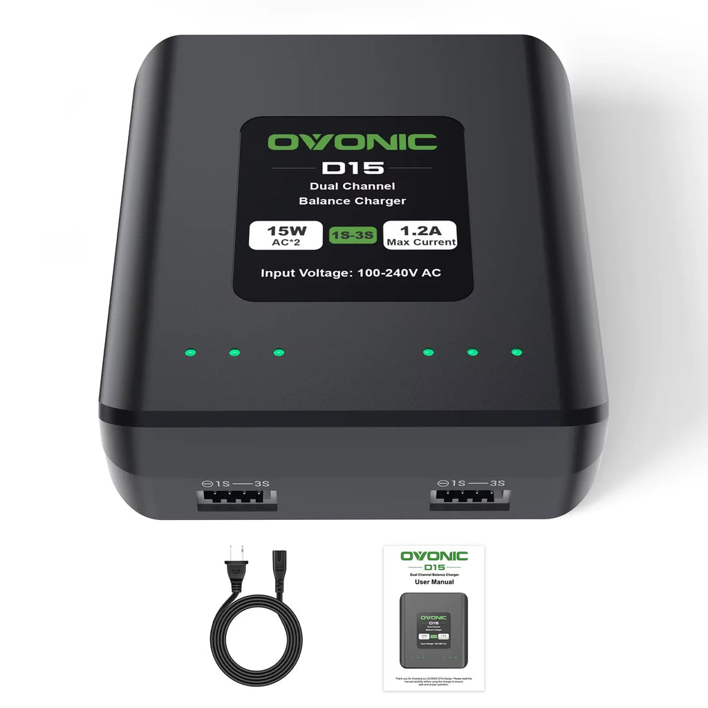 OVONIC D15 Dual LiPo Battery Charger 30W AC100-240V Balance Charger for 1S-3S LiPo Batteries High Power Fast Charging
