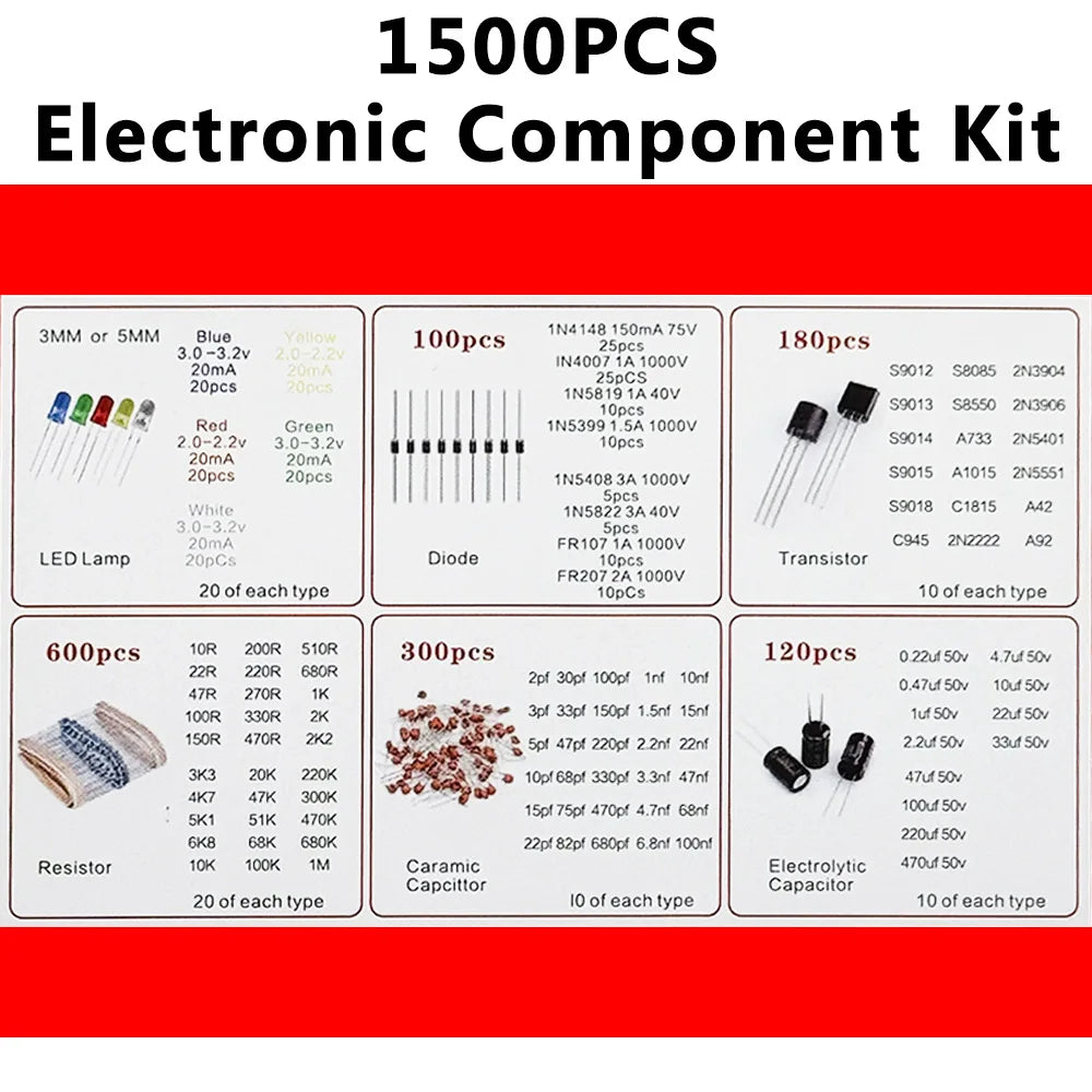 1500PCS Electronic Components Kit Resistor Electrolytic Capacitor  F5mmLED F3mmLED  Diode Transistor  Ceramic Capacitor with Box