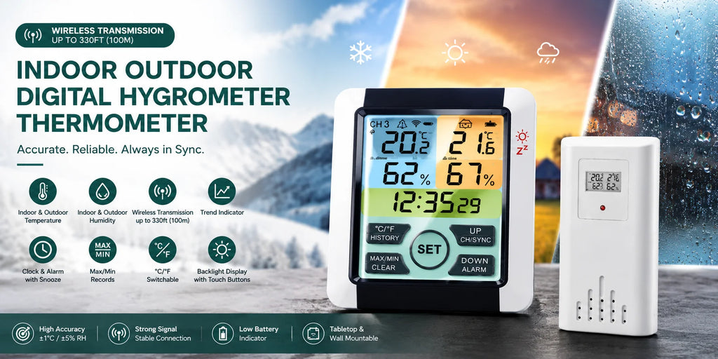 Wireless Indoor Outdoor Weather Station Digital Thermometer Hygrometer, 433MHz Remote Sensor, 328ft Range, Color LCD, Max/Min