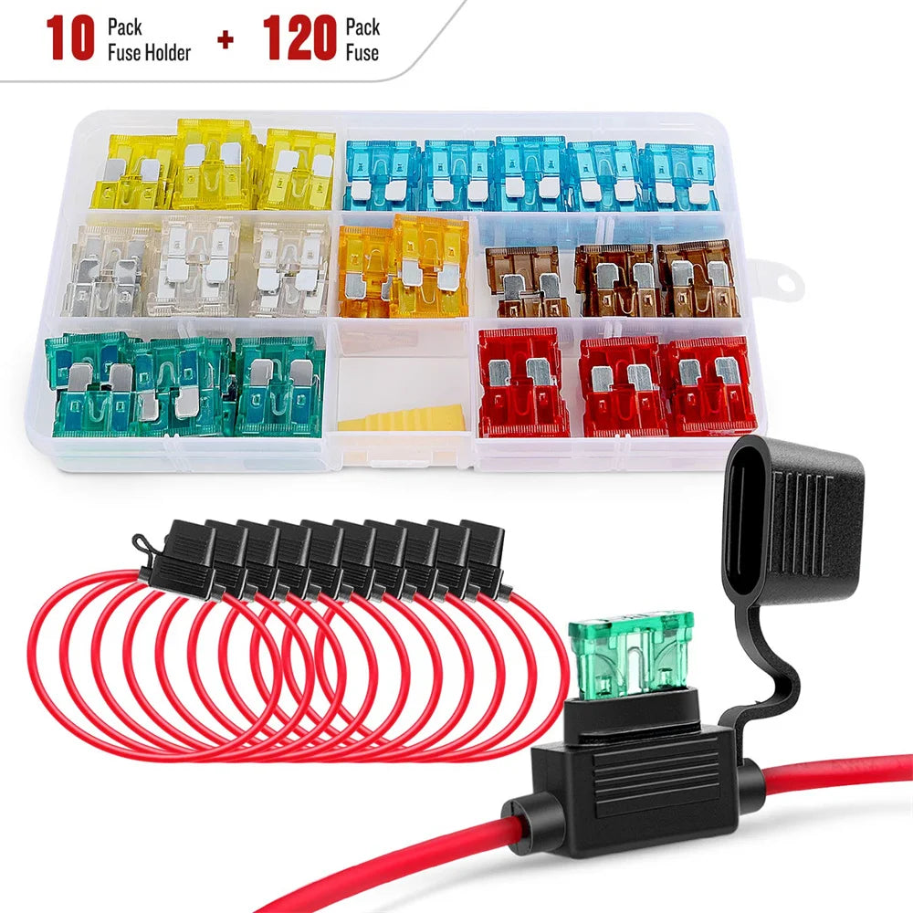 120PCS Mini/Standard  ATM/APM Blade Fuse 5A/7.5A/10A/15A/20A/25A/30A AMP Set with 10 Pack 14AWG ATC/ATO Inline Fuse Holder