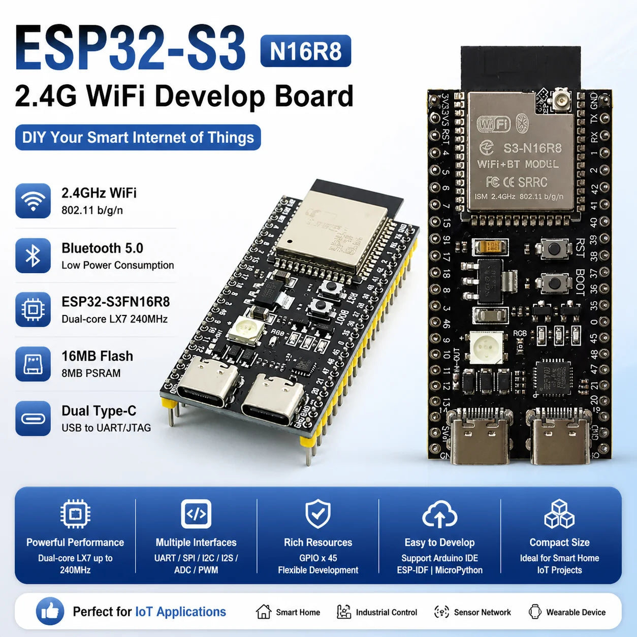 ESP32-S3 Development Board 2.4G Wifi Module for Arduino ESP IDF ESP32-S3-WROOM-1 N8R2 N16R8 44Pin Type-C 8M PSRAM ESP32 S3