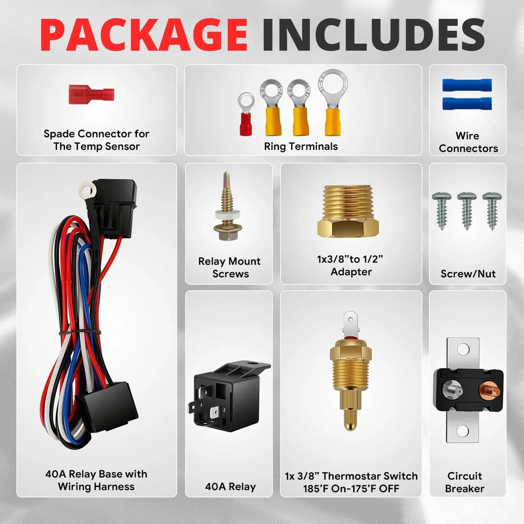 40 AMP Electric Cooling Fan Relay Kit with Thermostat Temperature Control Switch, Universal Radiator Fan Wiring Harness Kit for Car, Truck, SUV, Jeep & Custom Cooling Systems