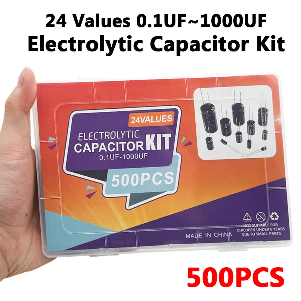 500PCS 0.1uF-1000uf 24Values Electrolytic Capacitor Mixed DIP Electronic Kit Electrolyte Capacitors 10V 16V 25V 50V