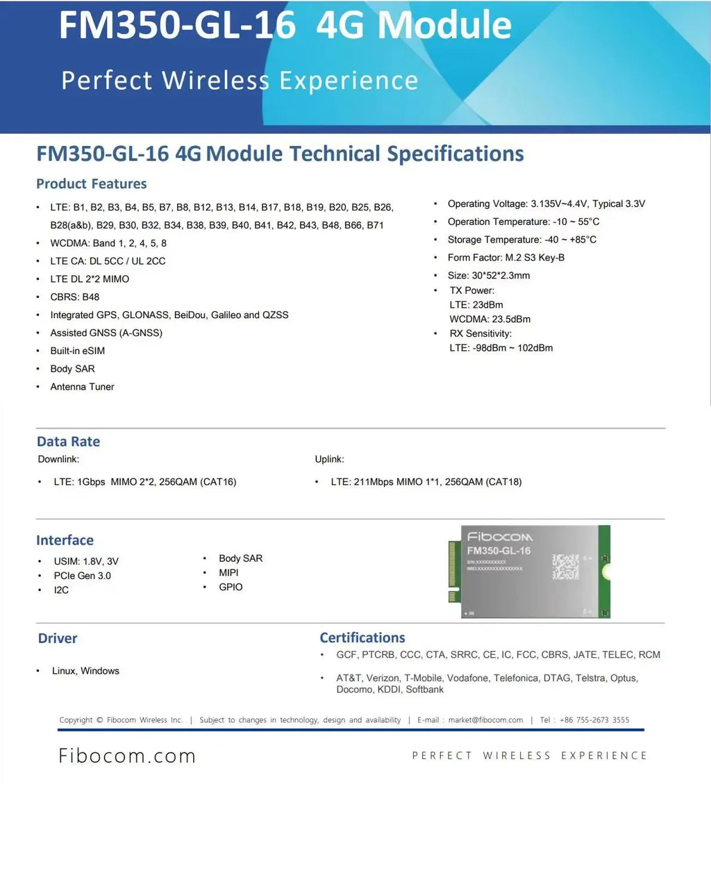 FIBOCOM FM350-GL-16 4G WWAN Module GPS Receiver LTE CAT-16 Laptop Card 4G LTE-A Pro Cat16 WWAN eSIM SPS# N65633-005