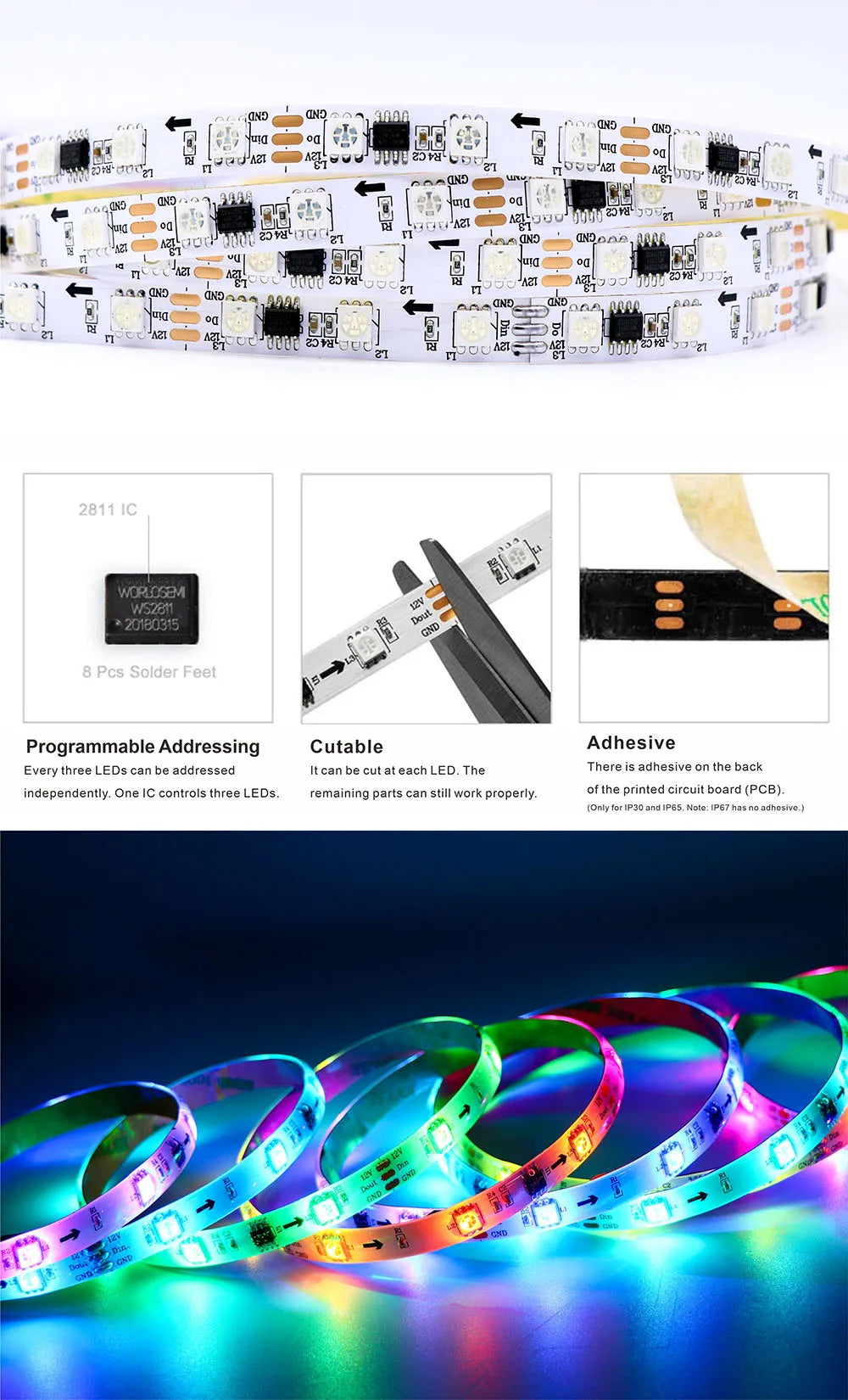 WS2811 LED Light Strip 30/48/60/84/96 LEDs/m DC12V White/Black PCB WS2811 LED Light Strip Addressable Digital Home Ambient Light