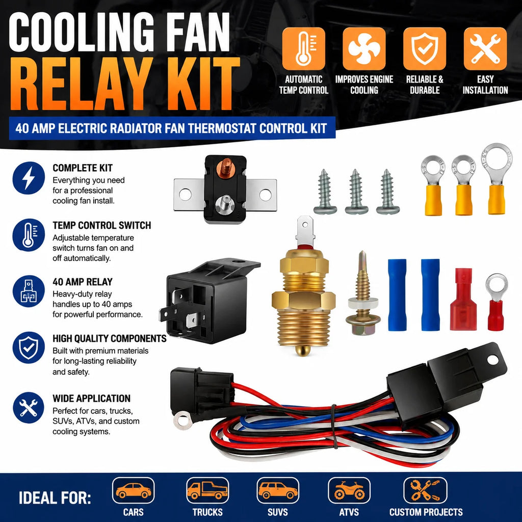 40 AMP Electric Cooling Fan Relay Kit with Thermostat Temperature Control Switch, Universal Radiator Fan Wiring Harness Kit for Car, Truck, SUV, Jeep & Custom Cooling Systems