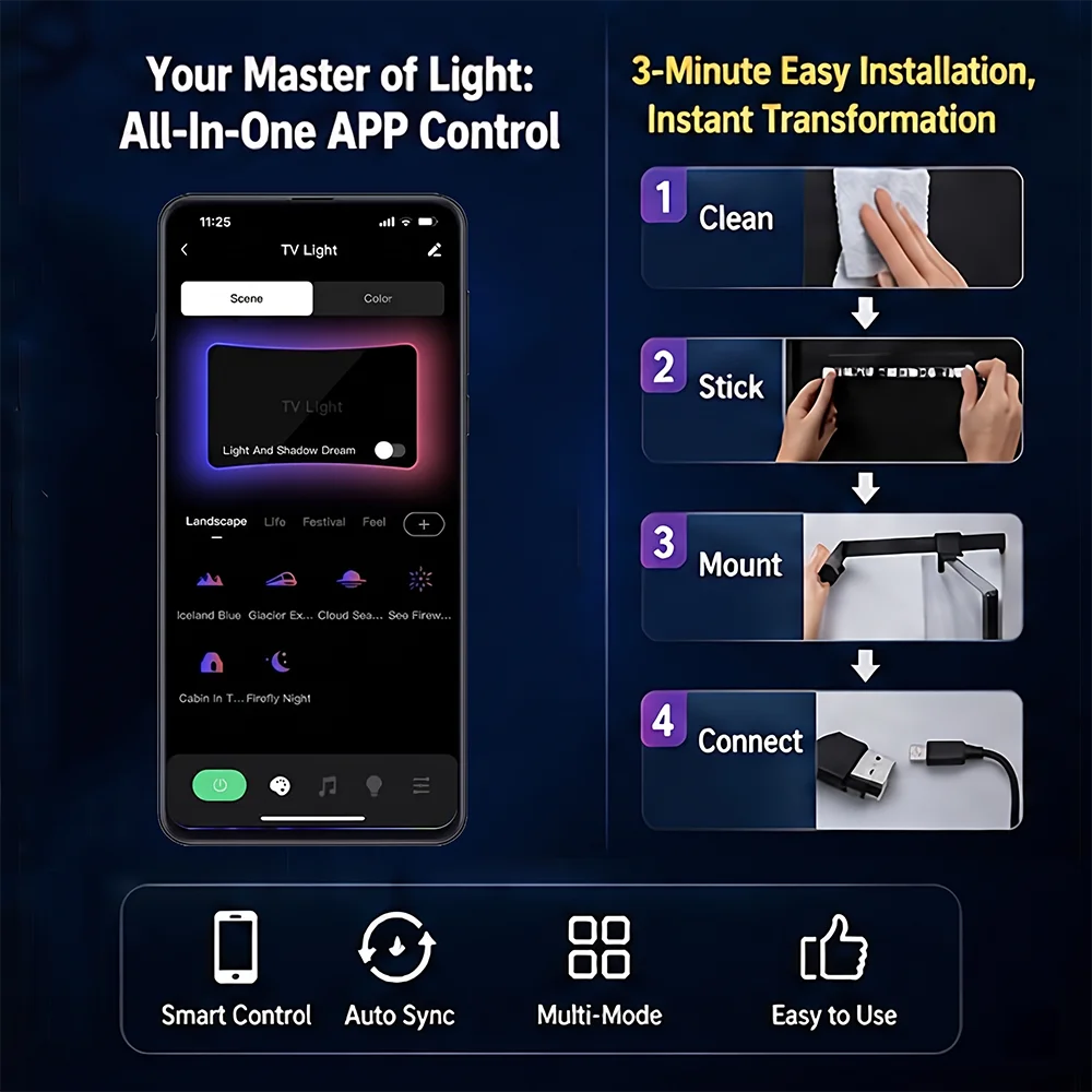 TV Led Backlight RGBIC LED Strip Light With AR Color Sensor App Control RGB Ambient Light for 55 to 85 Inch Screen Backlight