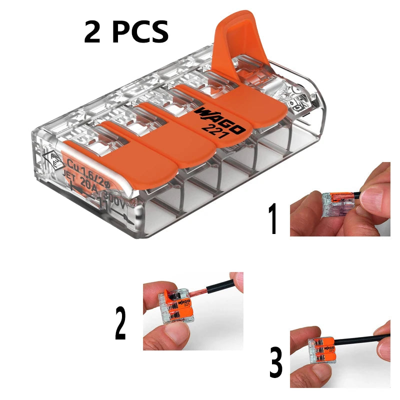 2pcs WAGO 221‑415 Lever‑Nuts 5‑Conductor Lever Wire Connector, Reusable Splicing Terminal Block for Solid Stranded Fine‑Stranded