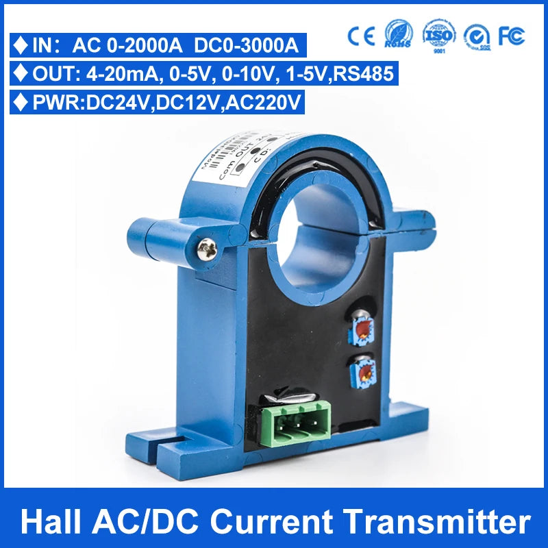 Split hall effect AC/DC current transmitter open loop current transducer sensor 4-20mA output 0-100A, 0-200A, 0-500A, 0-1000A