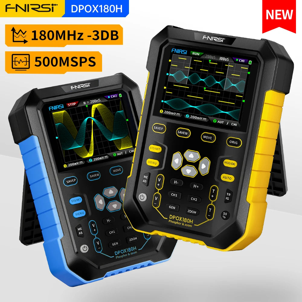 FNIRSI DPOX180H Handheld Dual Channel Digital Oscilloscope 180MHz-3DB 2 In 1 Function Signal Generator Fluorescence Display ZOOM