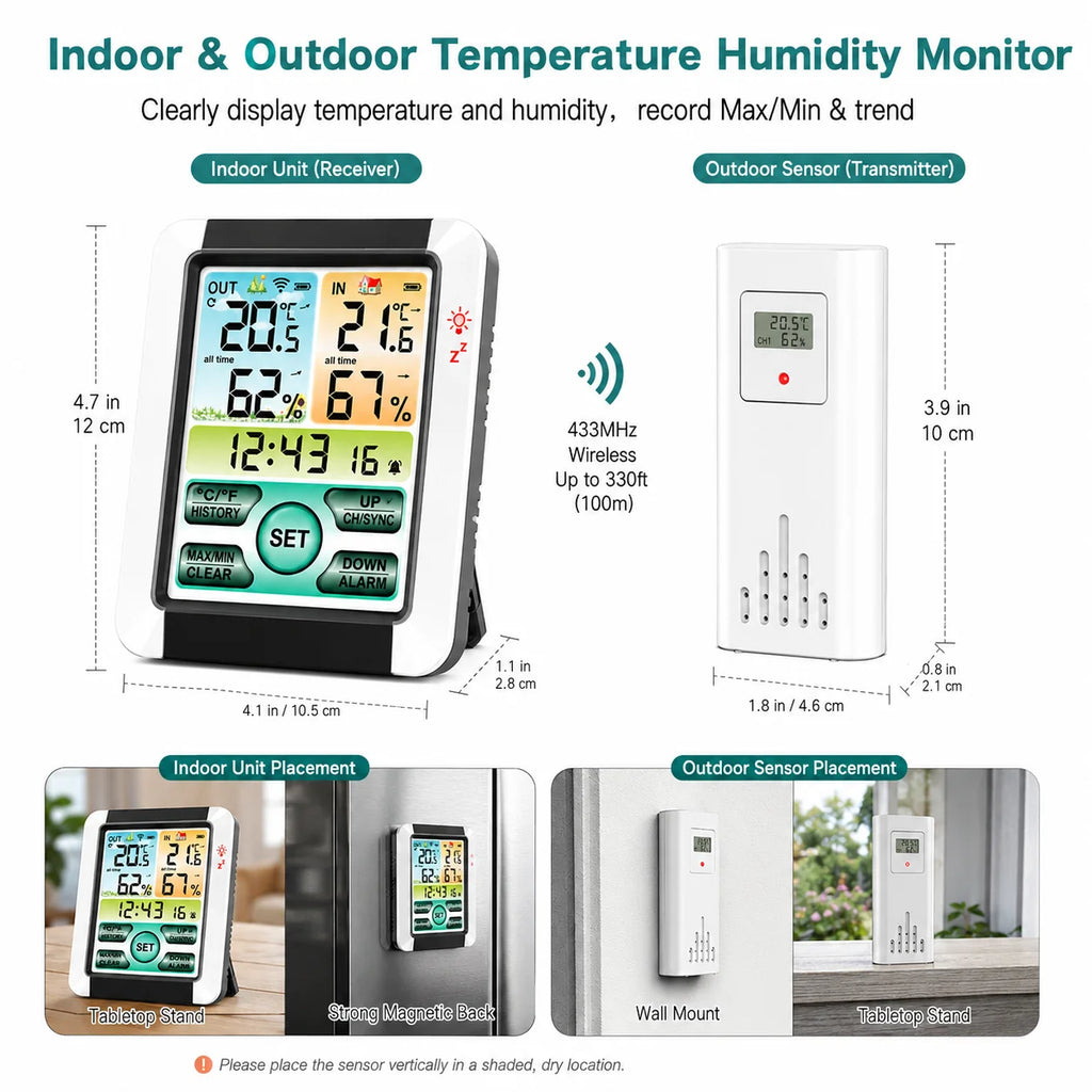 Wireless Indoor Outdoor Weather Station Digital Thermometer Hygrometer, 433MHz Remote Sensor, 328ft Range, Color LCD, Max/Min