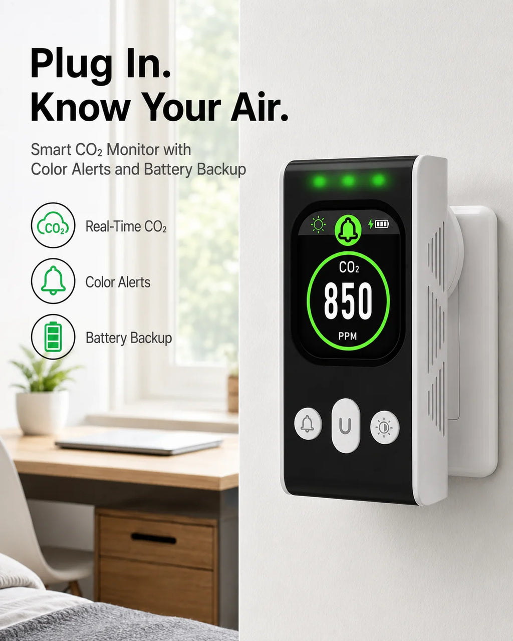 FABISENSE PTH-253N Plug-in CO2 Detector NDIR Air Quality Monitor 400-5000 PPM with Color Display and Adjustable Alarm