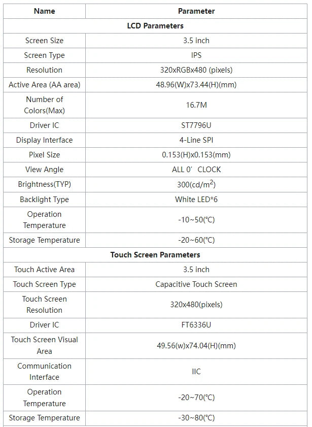 3.5 Inch IPS LCD Module TFT SPI Capacitive Touchscreen Display 3.5" 480x320 ST7796 Screen for Mega2560/C51/STM32/ESP32/Arduino