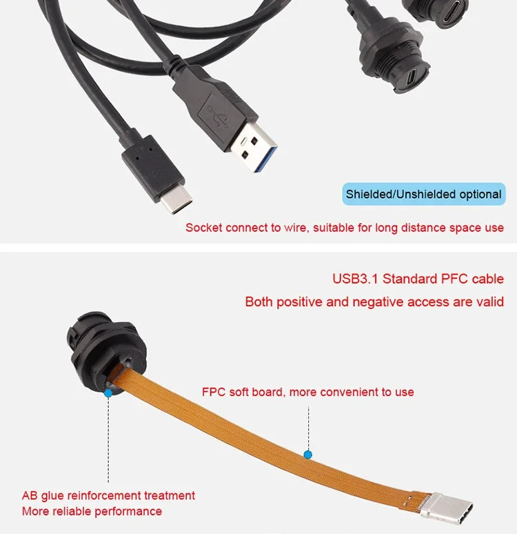 CAZN Waterproof IP67 IP68 Type C Female to Male PFC Flat Cable 3.1 Speed Bayonet-type Type-C 3.1 10GB