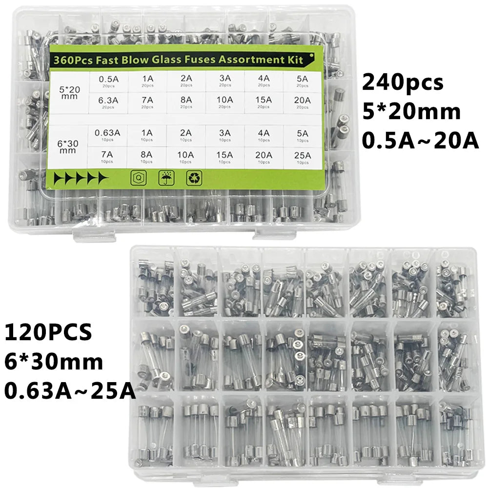 360Pcs Fast Blow Glass Fuses Assortment Kit 24 Values Auto Fuses Assortment Kit 250V 5x20mm & 6x30mm Glass Tube Fuses with Box