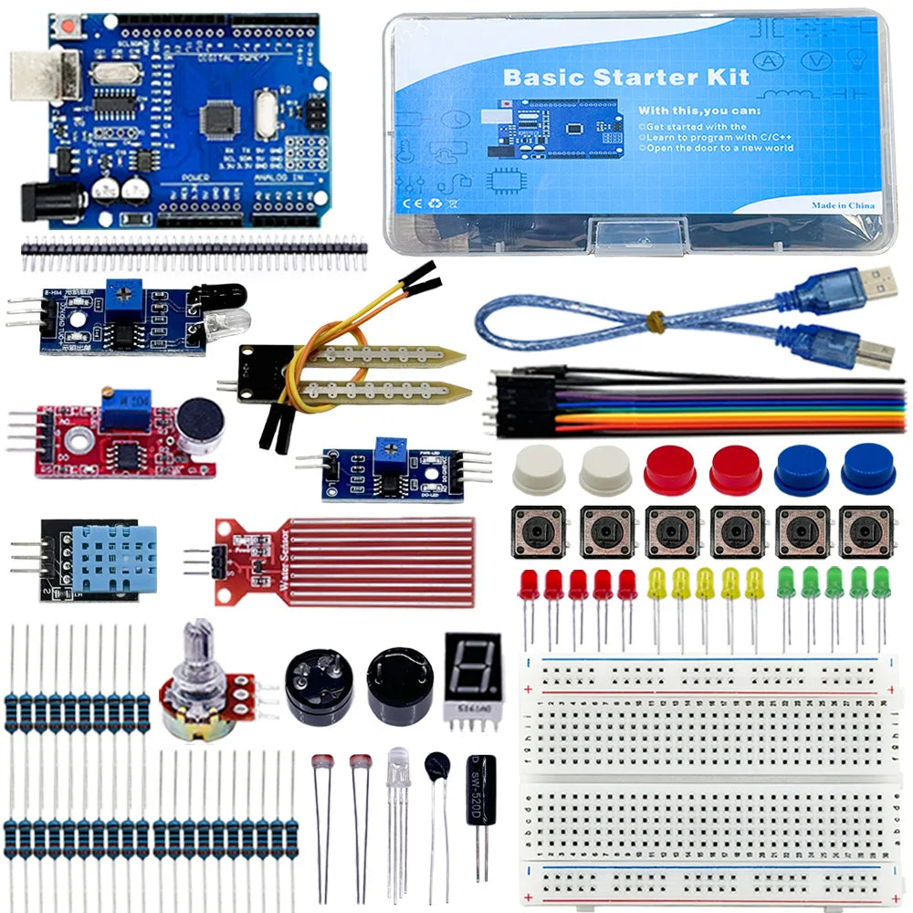 Electronic Basic Starter Kit for arduino Uno R3, Sound sensor, Water level, DHT11, LED,400hole Breadboard, Dupont, Atmelmage328P