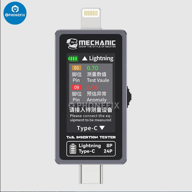 Mechanic T-824 No Disassembly Required Mobile Phone Tail Insertion Detector Digital Display Current Power Check Type-C Lightning