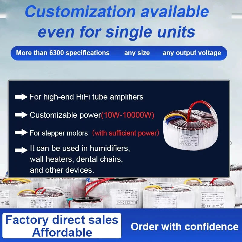 Toroidal Power Transformer, 12V/36V/220V, 10-10000W Step-Up/Step-Down Transformer, Audio Amplifier, Parameters Can Be Customized