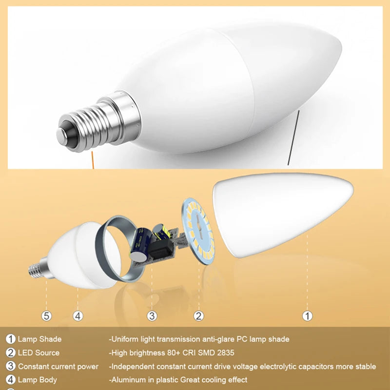 6Pcs  led Light bulb E14 E27 LED Lamp Indoor Warm Cold White Light 3W 6W 9W 12W 15W 220V LED Candle Bulb Home Decor Chandelier