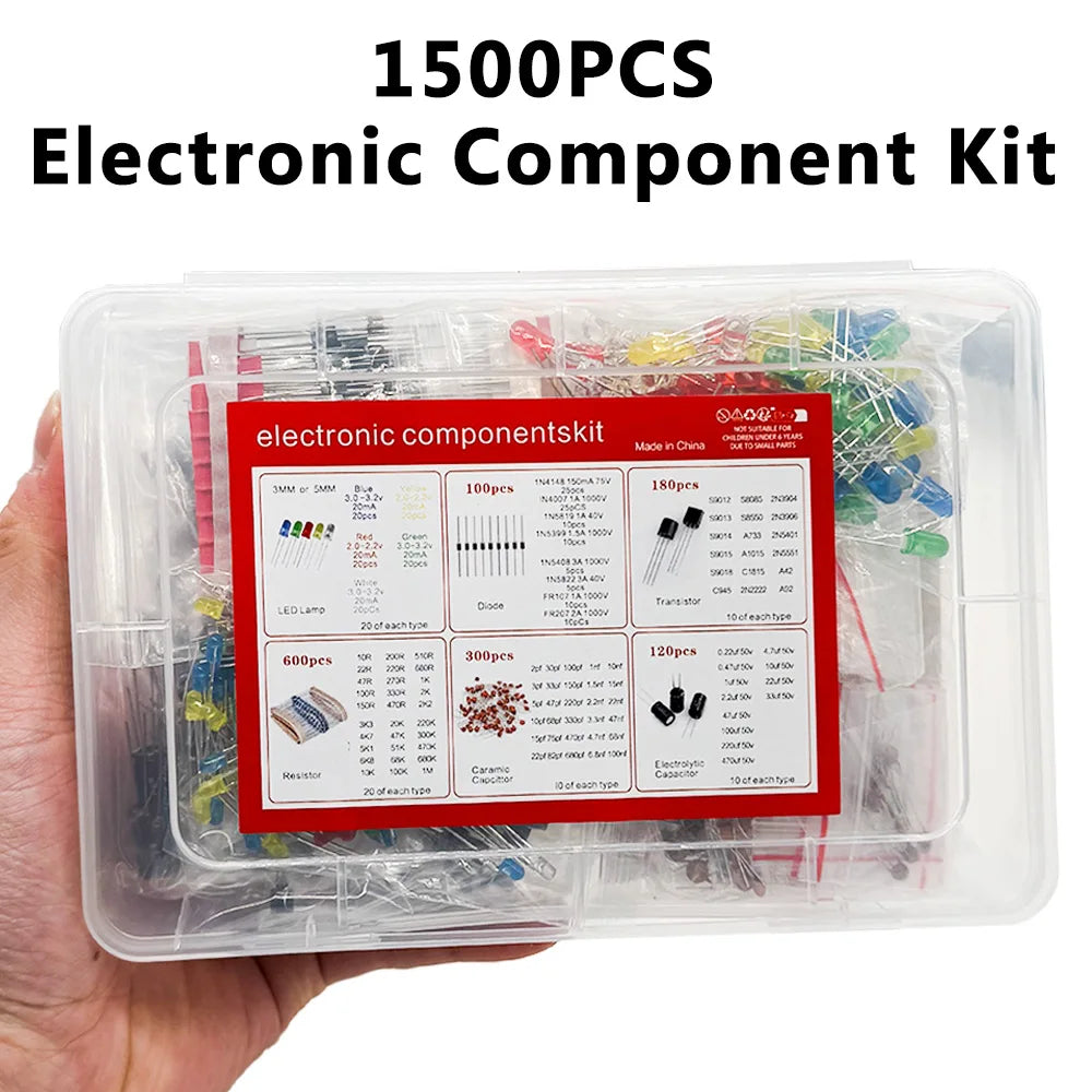 1500PCS Electronic Components Kit Resistor Electrolytic Capacitor  F5mmLED F3mmLED  Diode Transistor  Ceramic Capacitor with Box