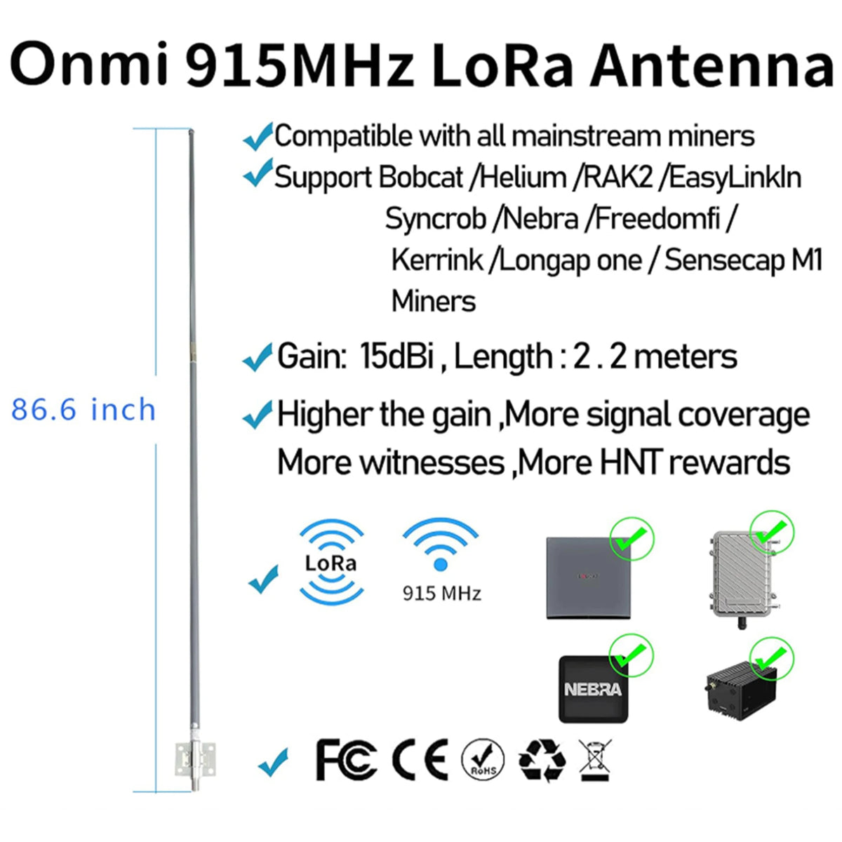 Outdoor Rooftop 2.2m LoRaWAN 868MHz 15dBi Omni-Directional Antenna with Glass Fiber Radome for HNT Mining