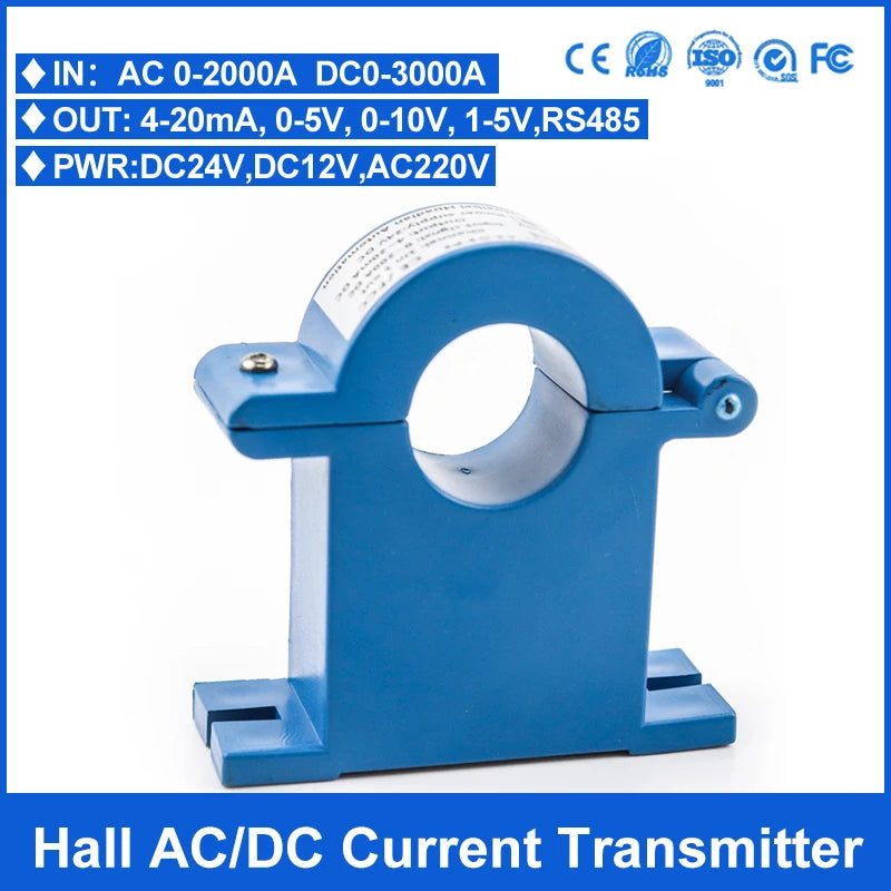Split hall effect AC/DC current transmitter open loop current transducer sensor 4-20mA output 0-100A, 0-200A, 0-500A, 0-1000A
