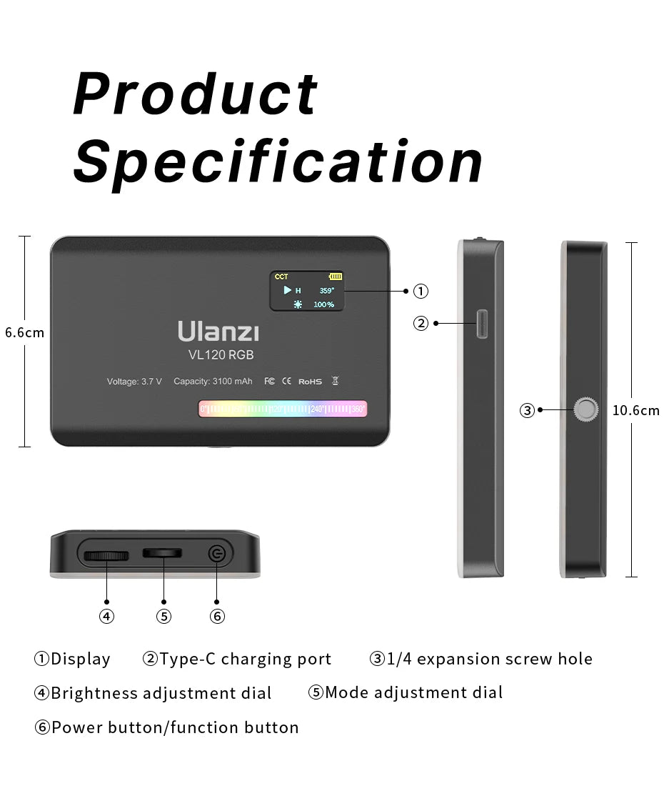 Ulanzi VL120 RGB Camera Light with Diffuser 2500-9000K CRI 95+ 3100mAh LED Video Light Panel for Camera Phone Photography Lights