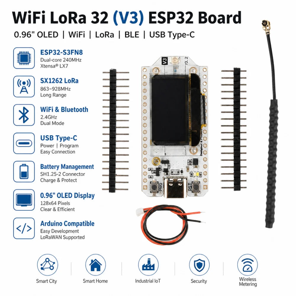 Heltec 0.96-Inch WiFi LoRa 32 (V3) ESP32 Bluetooth WiFi Development Board, 863–928 MHz, Featuring SX1262 and ESP32-S3FN8 Chips, Type-C Connector, Supports Meshtastic Mesh Networking and Paxcounter, Suitable for IoT Developm