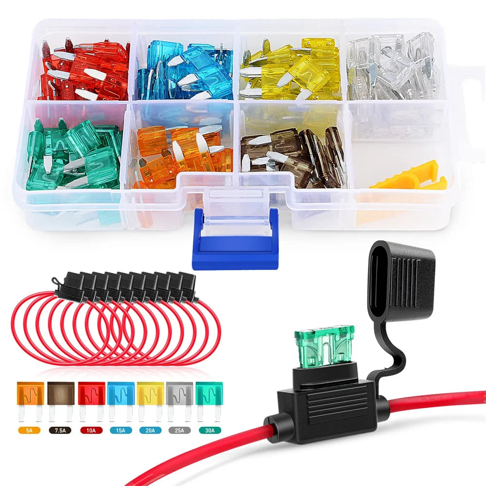 120PCS Mini/Standard  ATM/APM Blade Fuse 5A/7.5A/10A/15A/20A/25A/30A AMP Set with 10 Pack 14AWG ATC/ATO Inline Fuse Holder