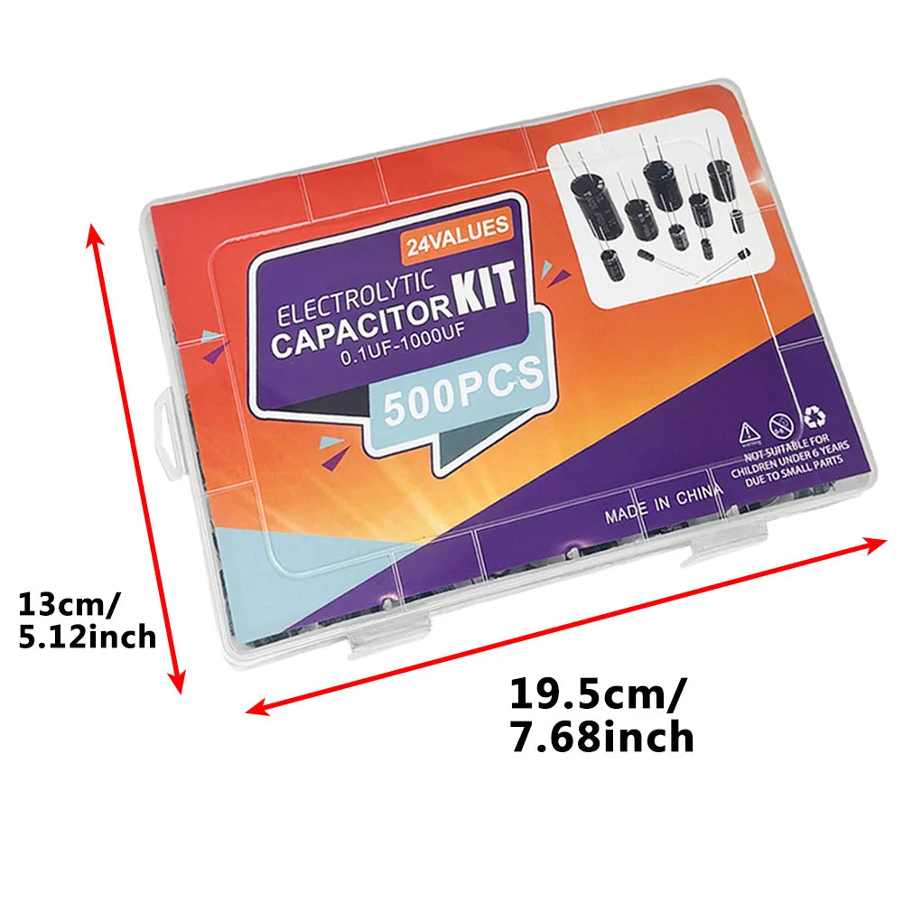 500PCS 0.1uF-1000uf 24Values Electrolytic Capacitor Mixed DIP Electronic Kit Electrolyte Capacitors 10V 16V 25V 50V
