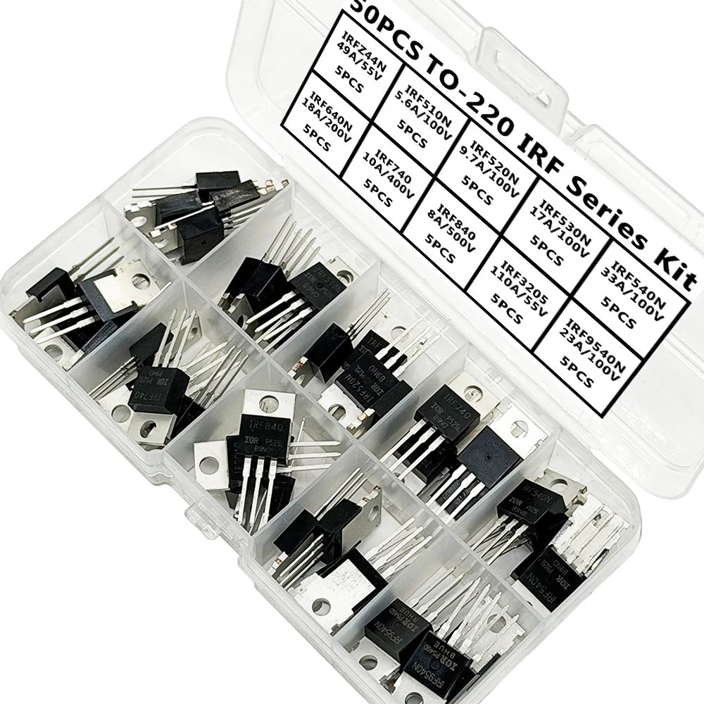 50PCS TO-220 IRF Series Kit IRFZ44N IRF510N IRF520N IRF530N IRF540N IRF640N IRF740 IRF840 IRF3205... MOSFET Power Transistor Kit