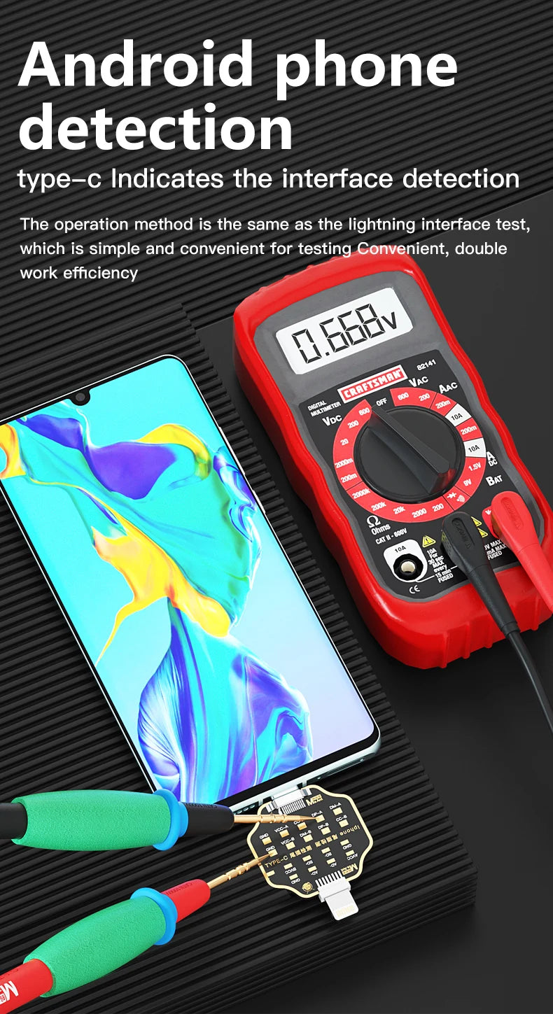 Mechanic T-824 No Disassembly Required Mobile Phone Tail Insertion Detector Digital Display Current Power Check Type-C Lightning