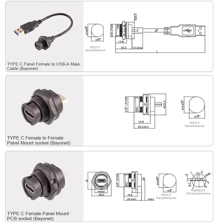 CAZN Waterproof IP67 IP68 Type C Female to Male PFC Flat Cable 3.1 Speed Bayonet-type Type-C 3.1 10GB