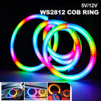 COB LED Ring 5V/12V WS2812 RGB Light Individually Addressable with Built-in IC Compatible with WS2811 27/48/74/96/120mm for Car