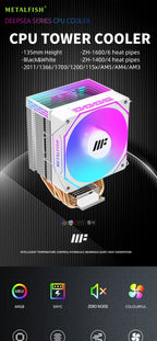 METALFISH ZH1400 CPU Cooler 4 HeatPipes 4PIN PWM Silent ARGB Fan For Intel 1700 1200 115X 1366 2011 AM5 AM4 AM3 x99 x79
