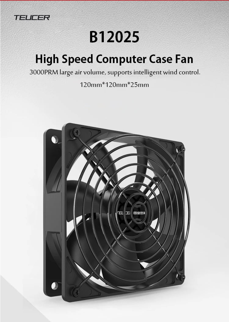 TEUCER High Speed 3000RPM 4 Pin 12cm Case Fan 120mm Case Cooling  Fans For PC BTC Mining Miner Chassis Fan Dual Ball Bearing