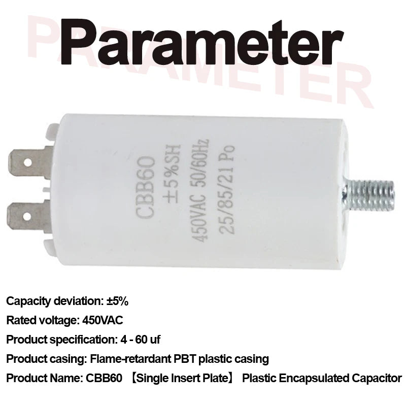 CBB60 Washing Machine Pump Starting Capacitor:4uf,5uf,6uf,8uf,10uf,12uf,14uf,15uf,20uf,25uf,30uf,35uf,40uf,45uf,50uf,60uf 450VAC