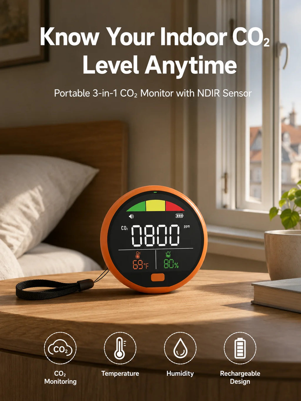 Fabisense PTH-21C Portable NDIR CO2 Detector with Temperature Humidity Carbon Dioxide Monitor for Home Office Car RV