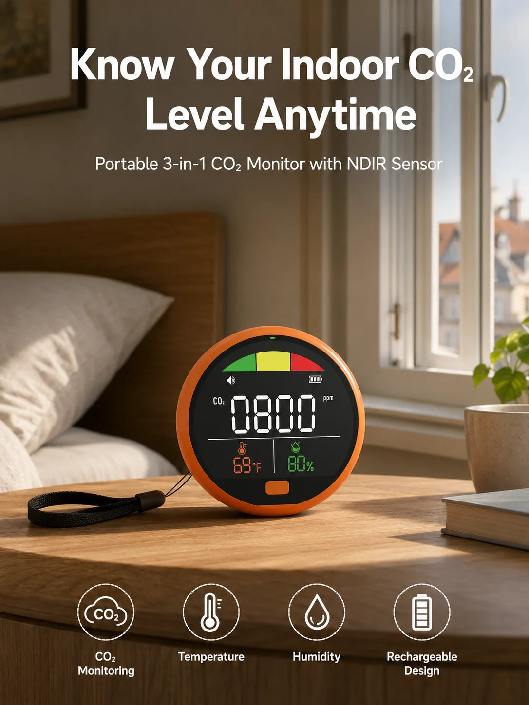 Fabisense PTH-21C Portable NDIR CO2 Detector with Temperature Humidity Carbon Dioxide Monitor for Home Office Car RV
