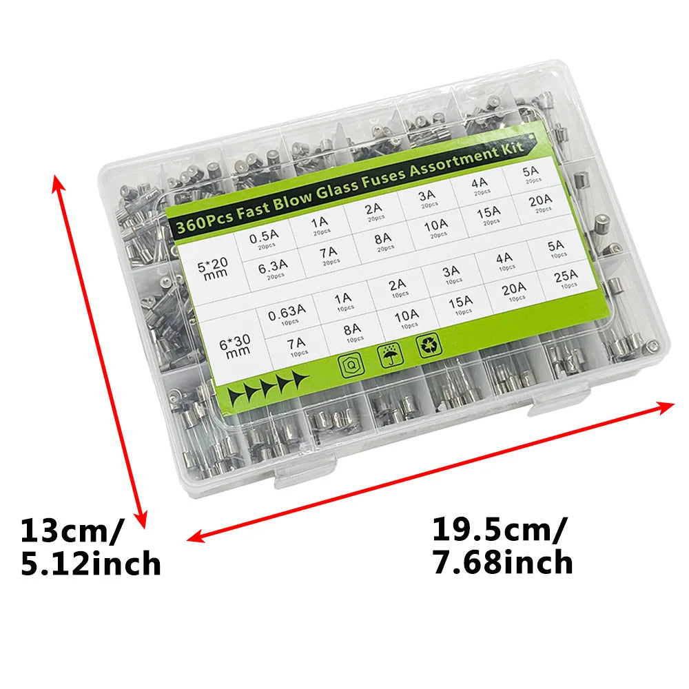 360Pcs Fast Blow Glass Fuses Assortment Kit 24 Values Auto Fuses Assortment Kit 250V 5x20mm & 6x30mm Glass Tube Fuses with Box