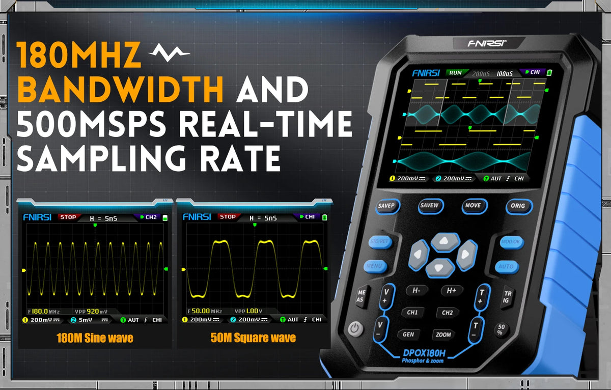 FNIRSI DPOX180H Handheld Dual Channel Digital Oscilloscope 180MHz-3DB 2 In 1 Function Signal Generator Fluorescence Display ZOOM